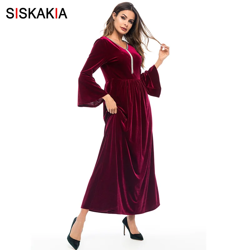 

Siskakia Flare Sleeve Women Long Dress Velvet Draped Swing Maxi A line Dresses Blue V Neck Long Sleeve Wine Red Spring Fall 2019