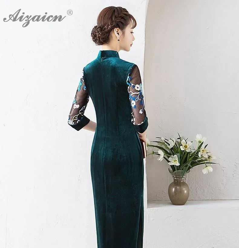 2019 nuevo de Cheongsam verde oscuro vestidos Chinoise bordado Long Qi Pao mujeres chino tradicional ropa vestido de noche