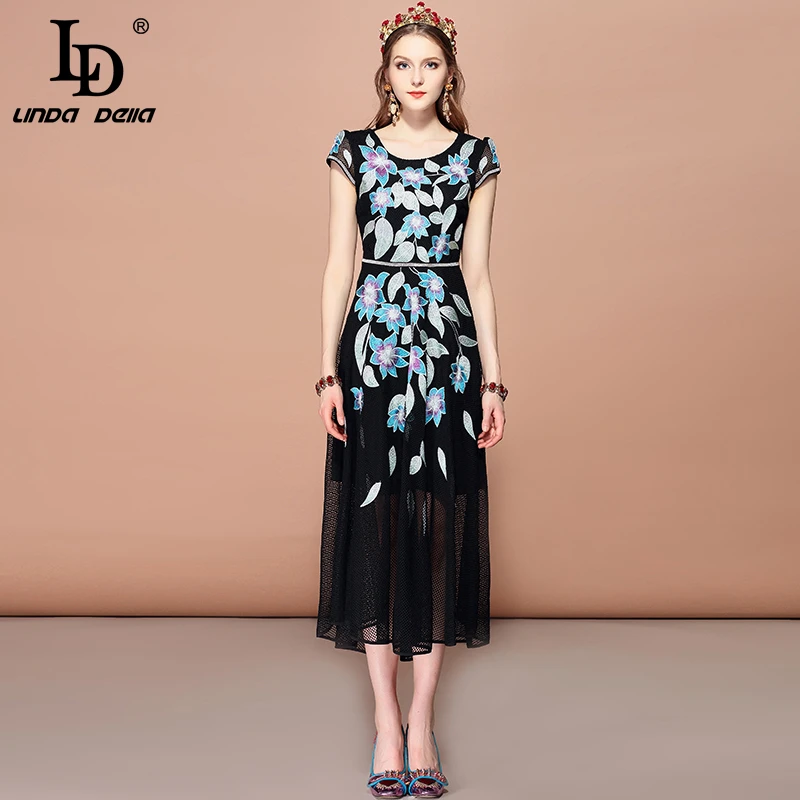 LD LINDA DELLA Zomer Fashion Runway Midi Elegante Jurk vrouwen Black Mesh Vintage Bloemen Borduren Toga Party vestido LD LINDA DELLA Zomer Fashion Runway Midi Elegante Jurk vrouwen Black Mesh Vintage Bloemen Borduren Toga Party vestido