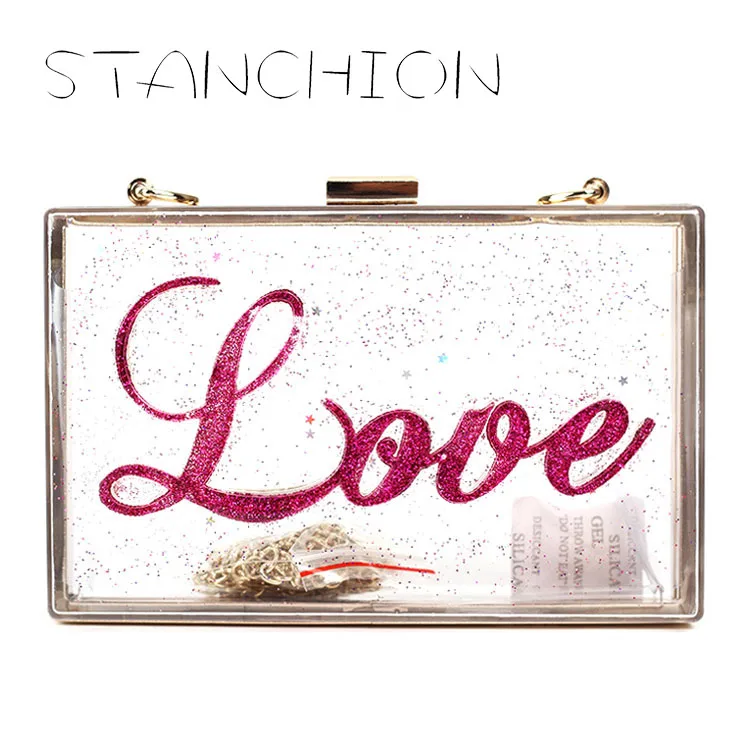 

2018 New European and American Fashion Name Acrylic Transparent Bag Dinner Beads Powder Handbags