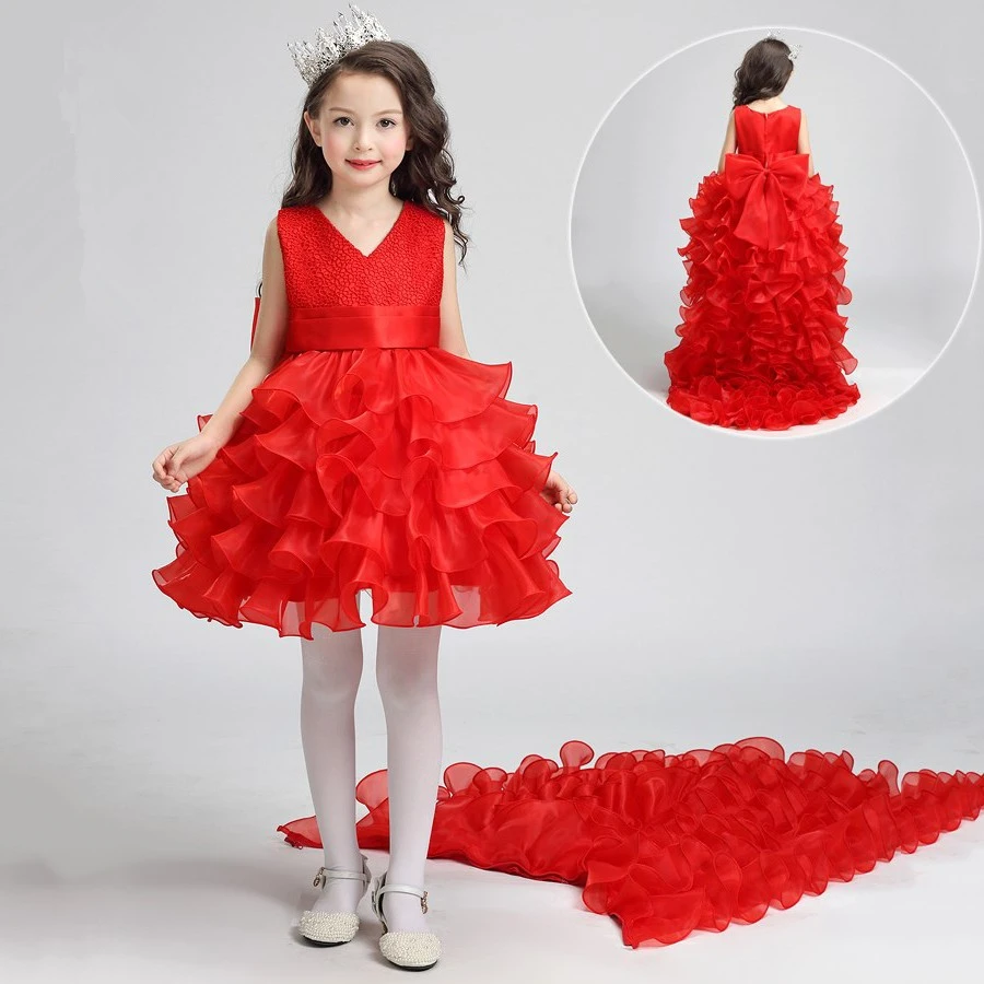

Girls Elegant Tulle Long Evening Dresses Teens Long Trailing Frocks Kids Formal Banquet Dresses Wedding Bandage Prom Party Gowns
