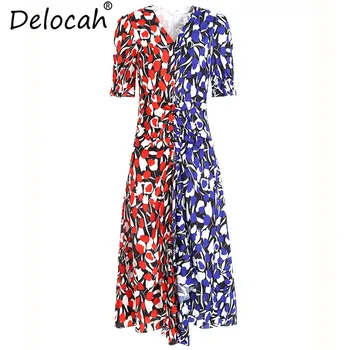 

Delocah 2019 Women Summer Dress Runway Fashion Sexy V-Neck Multicolor Print Collect Waist Elegant Casual Vacation Midi Dresses