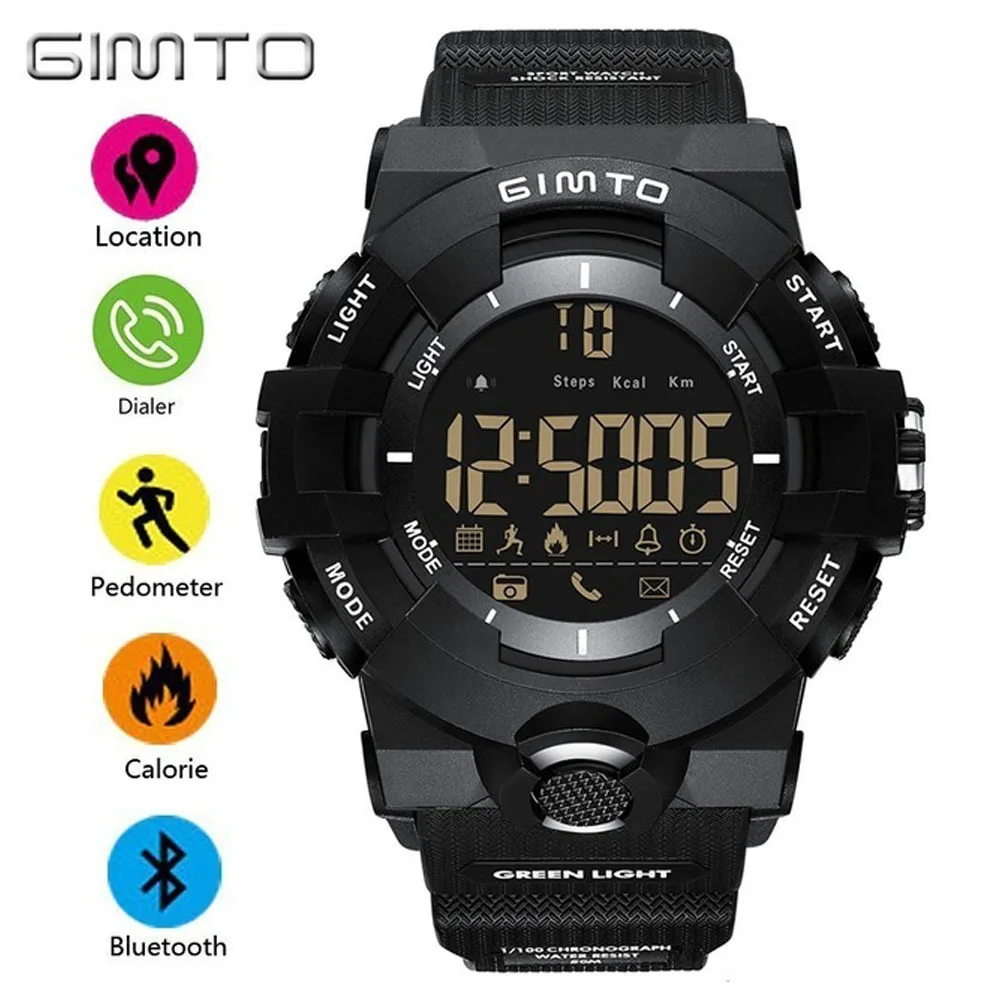 

GIMTO Black Green Sport Smart Watch Men Bluetooth Military Stopwatch Digital Male Shock Watches Silicone Waterproof Man Clock