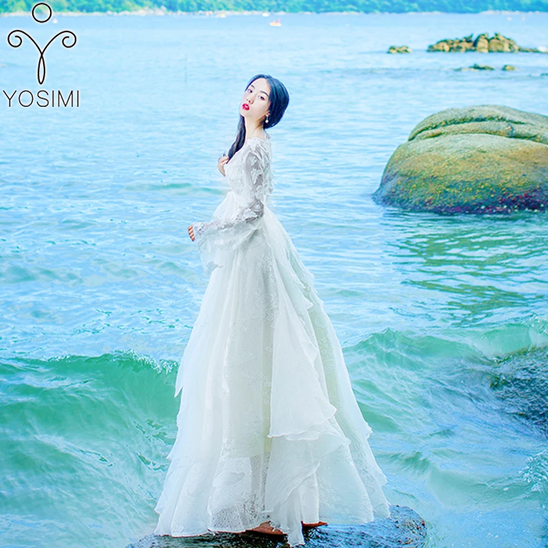 YOSIMI 2017 Summer High Quality Maxi Elegant Lace Two Pieces Fairy Long Butterfly 3D Embroidery Dress Evening Party Lady White 