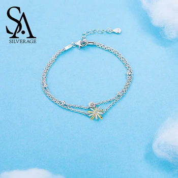 

SA SILVERAGE 925 Sterling Silver Sky City Gold Color Bracelets & Bangles for Women Fine Jewelry Rhinestone Two Layer Bracelet