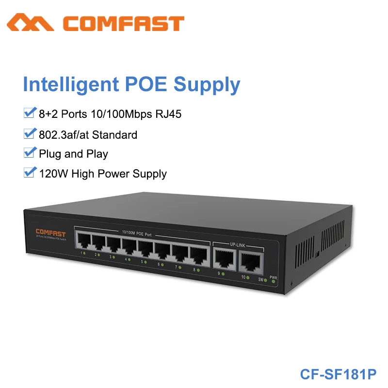 Comfast 48 В в сетевой переключатель POE Ethernet 2 г пропускной способности с 8 + 2 порты и разъёмы IEEE 802,3 af/at подходит для IP камера/беспроводной AP/CCTV cam