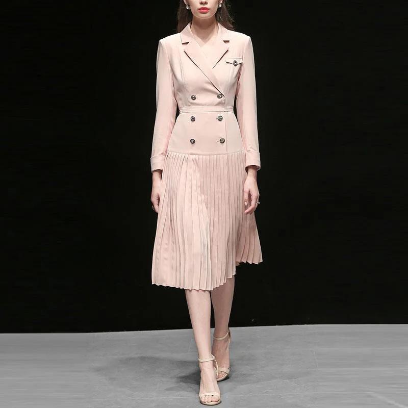 

High-end Custom Elegant Celebrity Temperament Queen Air Field Commuter Pleated Design Double-breasted Suit Dress Women 2019