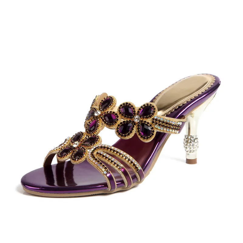 G-sparrow 2018 Women Summer Fashion Diamond High Heeled Slippers Ladies Crystal Peep Toe Shoes Golden Purple Black 8cm15