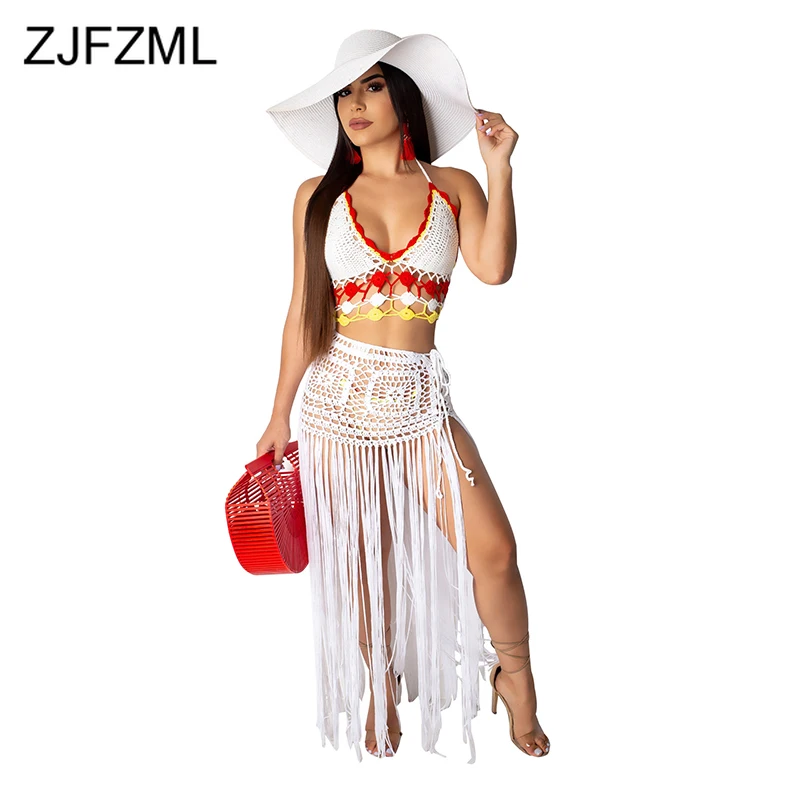 

Tassels Patchwork Sexy Two Piece Set Dress Women Fishnet Hollow Out Backless Boho Dress Summer Halter Neck High Waist Maxi Dress