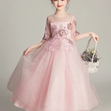 Свадебное платье для девочек с блестками и вышитой аппликацией; элегантные вечерние платья принцессы на день рождения с цветочным узором; WGCK2971