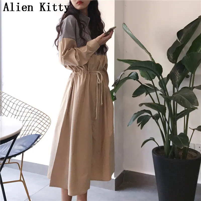 Acheter Alien Kitty nouveau Style Empire taille contrôlée Patchwork fermeture éclair offre spéciale printemps lâche décontracté mi mollet Vintage frais robe libre