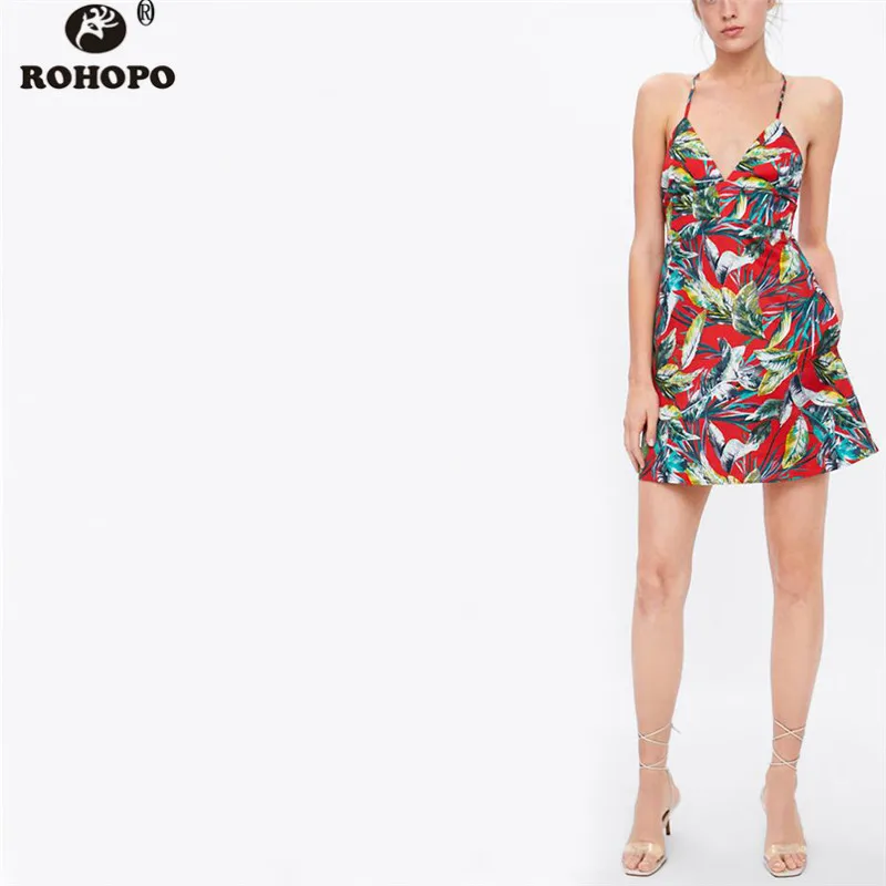 

ROHOPO Spaghetti Strap Floral Dress Backless Boho Vintage Mini Ladies Holiday Flare Printed Dress Summer #AZ9320