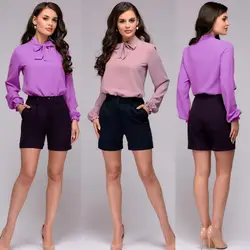 Осень Для женщин Шифоновая блузка Для женщин рубашка с длинными рукавами 2018 Мода Досуг шифоновая рубашка с бантом женские офисные розовый