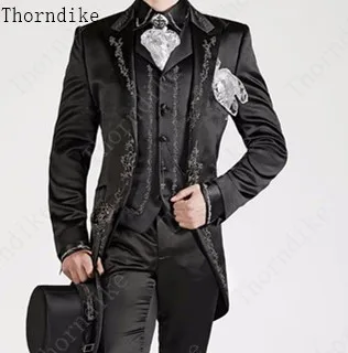 

Thorndike 2019 New Customized Black Italian Embroidery Men Suits for Wedding Slim Fit Groom Prom 3 Piece costume homme mariage