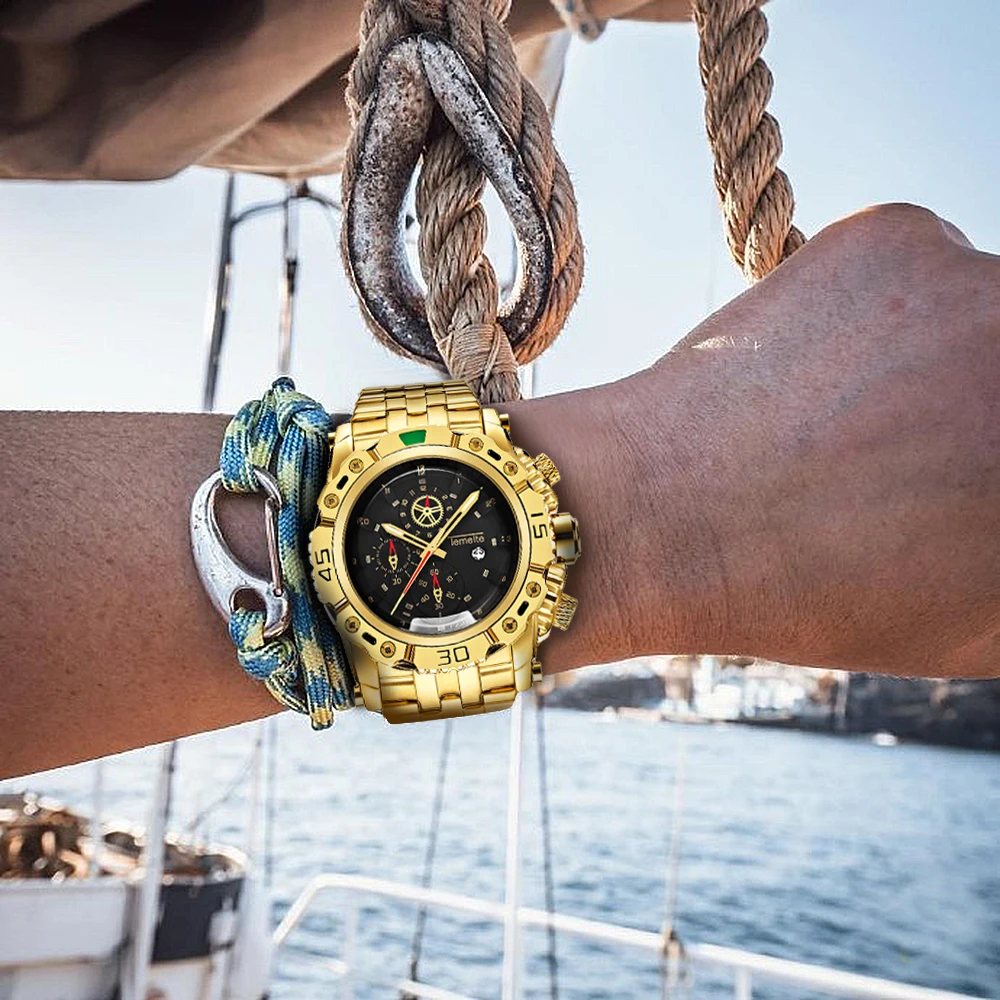 TEMEITE креативные золотые мужские кварцевые наручные часы с 3D циферблатом, полностью стальные водонепроницаемые большие часы с календарем, роскошные часы от ведущего бренда
