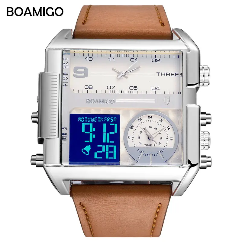 Мужские спортивные часы для мужчин, военные цифровые кварцевые часы BOAMIGO, брендовые модные квадратные кожаные Наручные часы, Relogio Masculino