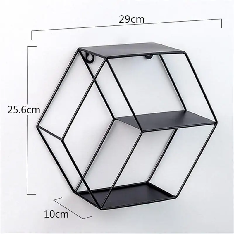 Настенная полка из кованого железа в скандинавском стиле, настенный стеллаж для хранения, шестигранная сетка для спальни, гостиной, кухни, украшение, держатель для мелочей - Цвет: black