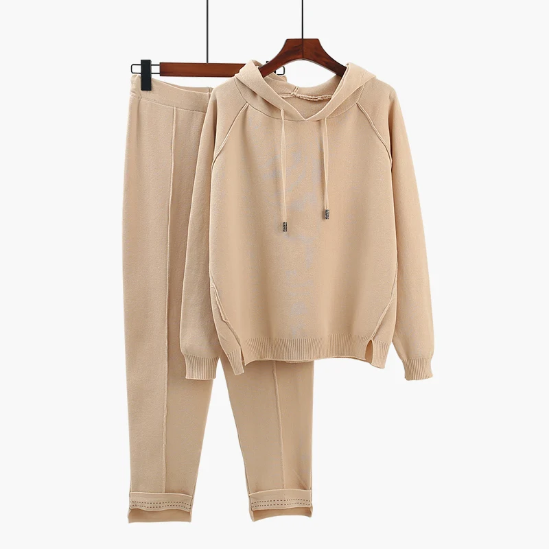 Goedkoop Mooirue 2018 Herfst Gehaakte Set Vrouwen Breien Truien Jumper + Elastische Taille Harembroek Femme Casual Beige Kaki Tops Sets