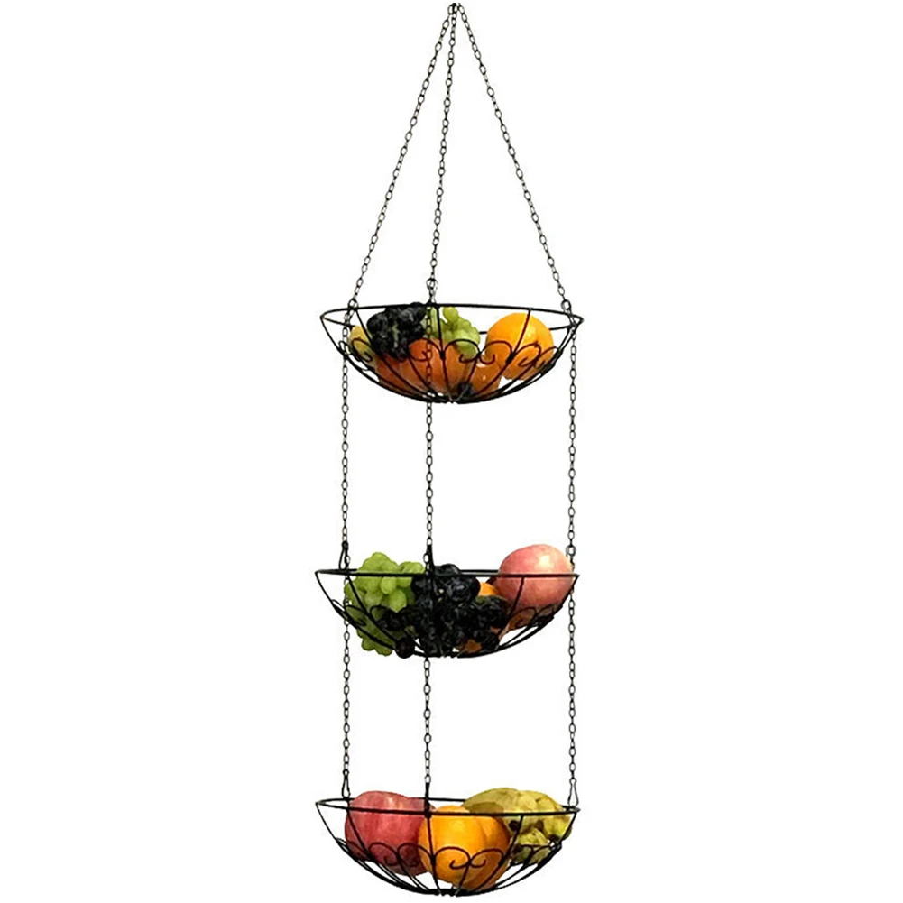 

Rack Holder Kitchen Modern Style Multi Use Organizer With Chain Vegetable Fruit Basket Iron Art Hanging Space Saving Home 3 Tier