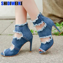 Г., новые летние сандалии из синей джинсовой ткани пикантные женские босоножки на высоком тонком каблуке, на молнии Размеры 35-40, n746