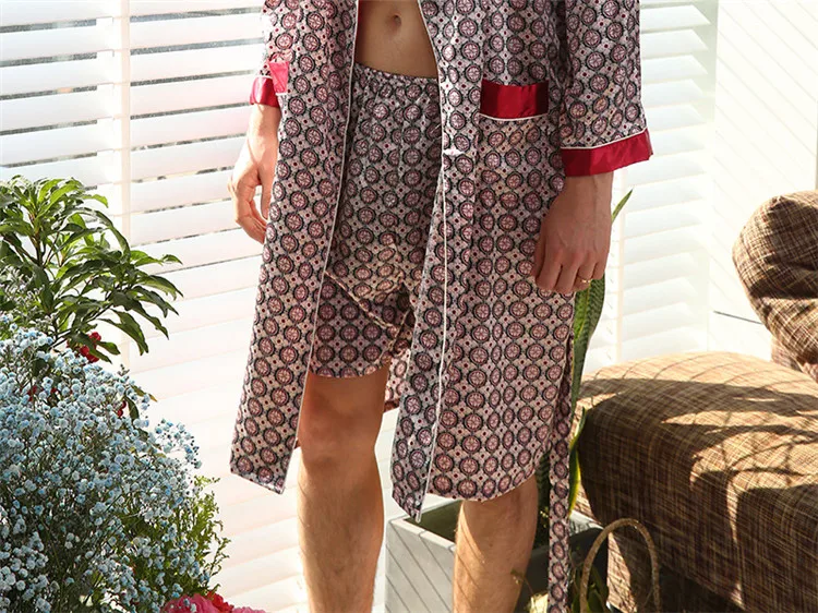Плюс размер 5XL мужской костюм из двух частей шелковый халат+ шорты мужские кимоно халат наборы летние атласные пижамы длинный халат одежда для сна
