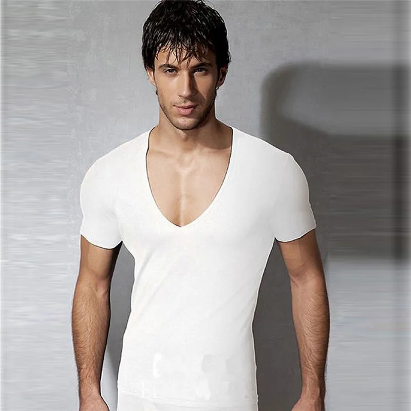 Летняя модная эластичная Сексуальная мужская футболка с глубоким v-образным вырезом, облегающая футболка, крутая одежда для фитнеса, майка - Цвет: White