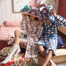 Корейская мужская зимняя Фланелевая пижама в клетку, халат, повседневный длинный парный халат, Харадзюку, флисовая пижама с длинными рукавами, домашний халат