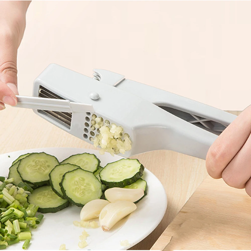 

2 in 1 Aluminium Garlic Press Slicer Kitchen Cooking Tools Garlic & Ginger Mincer Slicer Useful With Cleaning Brush