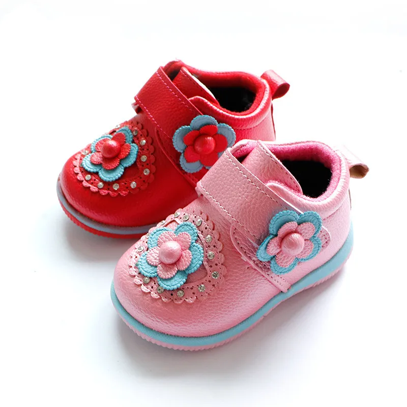 

Insole 13-15cm Girl Snow Cotton Boots Cotton Velvet Thick Warm Princess Flower Shoes PU Shoes In Winter
