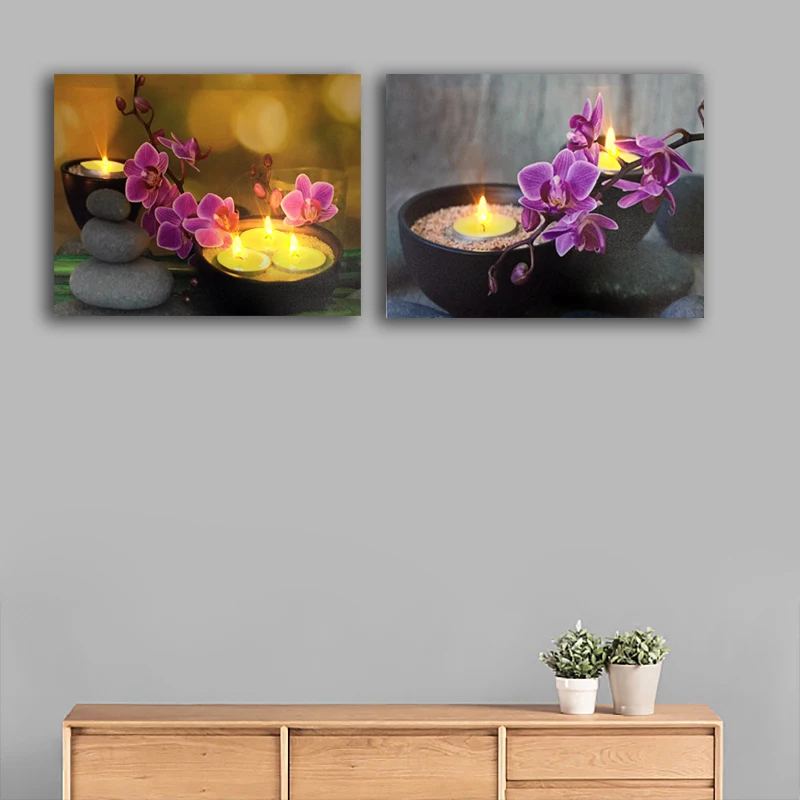 

Lighted wall art orchids with tealights zen stone led canvas picture light up painting framed printed living room decor 16x24IN