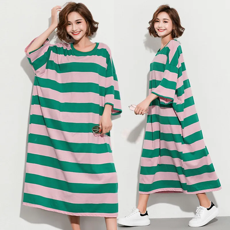 

BIG SIZE 4XL 5XL Summer Women Fashion Striped Cotton Linen Tops Ladies Female Plus Large Long Loose Casual Colorblock Dress