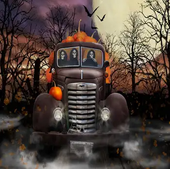 

Pumpkin Car Drived By the Ghost in Forest Backdrop for Halloween Party 5x7 Photography Background Studio for Newborn