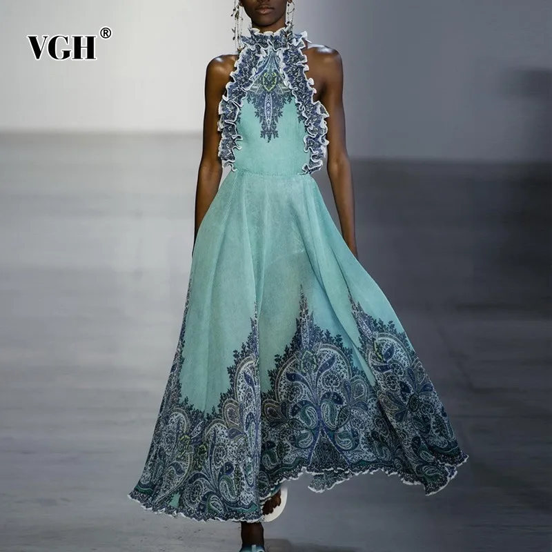 

VGH Summer Korean A Line Women's Dress Halter Sleeveless Off Shoulder Slim 2019 Print Ruffles Midi Dresses Female Fashion New
