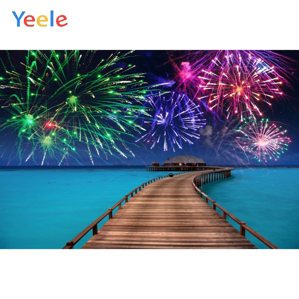 

Yeele Night Firework Sea Bridge House Holiday Summer Photography Backgrounds Customized Photographic Backdrops for Photo Studio