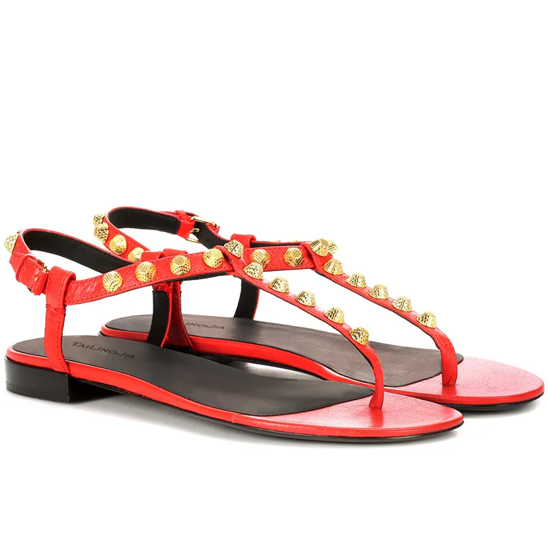 Сандалии с шипами и заклепками; женские сандалии-гладиаторы; красивые летние женские пляжные сандалии на плоской подошве с открытым носком; Роскошная брендовая модная обувь - Цвет: As photo show