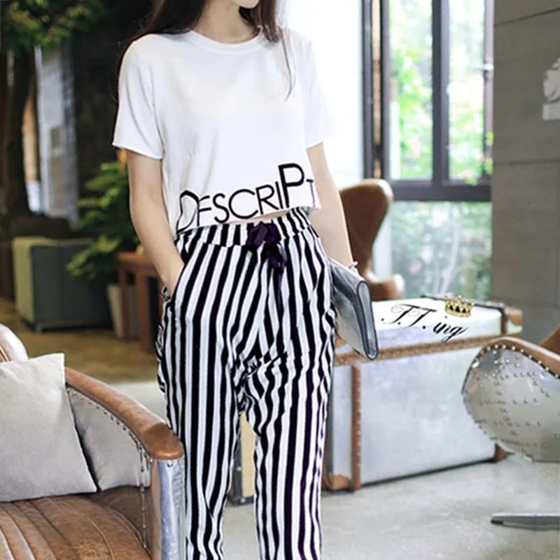 lounge wear sets 2019 Women Summer Fashion T-Shirts Sets Short Sleeve Letter Print Crop Tops And Striped Elastic Waist Pants Set plus size pjs