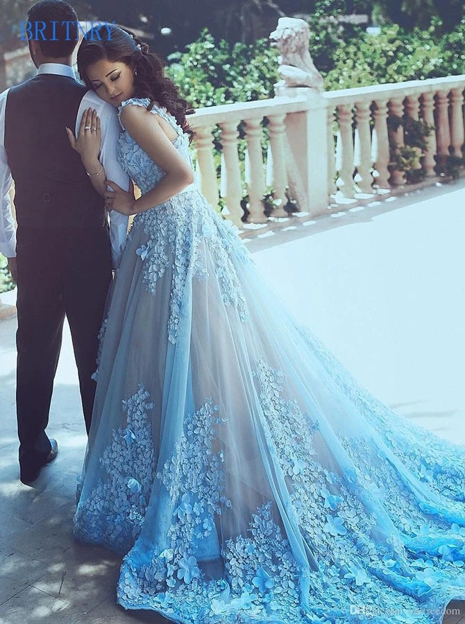 BRITNRY элегантное милое Тюлевое ТРАПЕЦИЕВИДНОЕ Голубое Кружевное цветочное свадебное платье