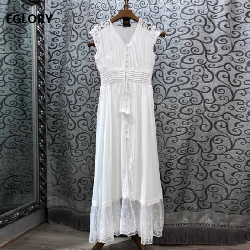 

White Long Dress 2019 Summer Fashion Wedding Party Women V-Neck Lace Patchwork Tunic Buttons Sleeveless Long Maxi Dress Beach