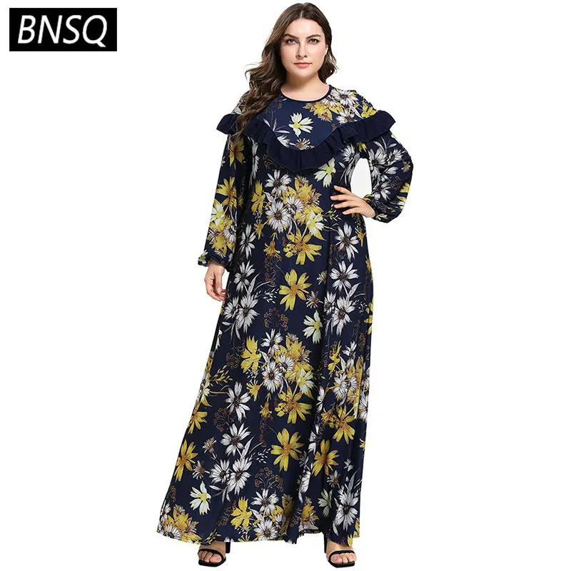

BNSQ Women Floral Print Maxi Long Dress Blue Loose Ruffle Female Dresses O Neck Long Sleeve Casual Ladies Clothes Spring 2019