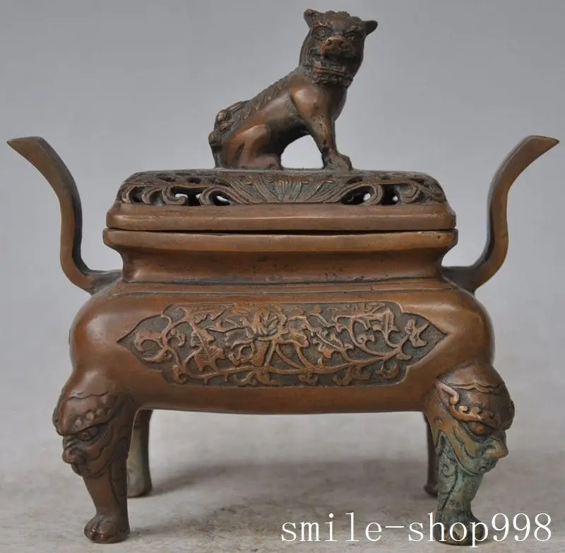 

Crafts statue Marked Chinese Buddhism Old Bronze Animal foo dog lion incense burner Censer halloween