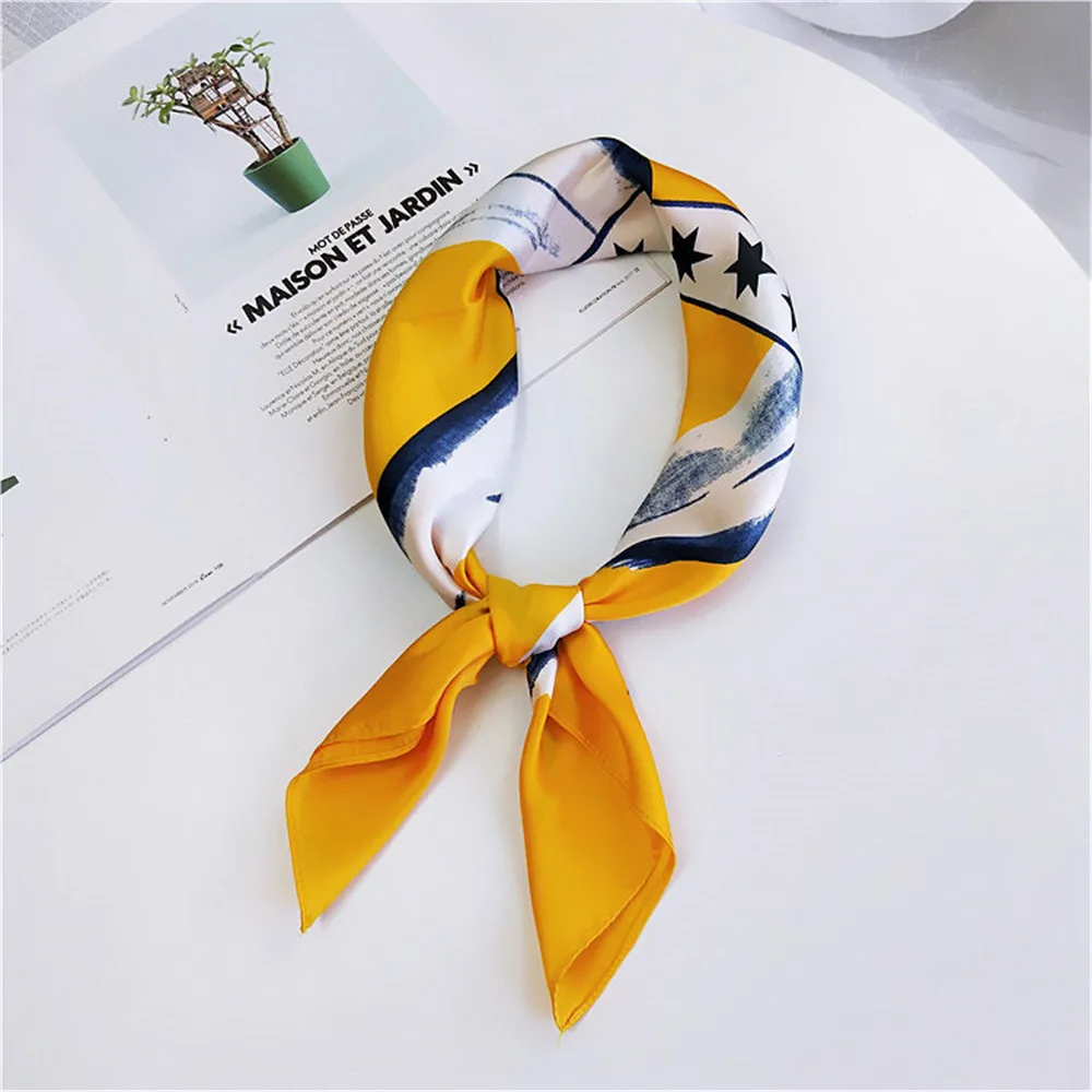 

70*70cm Women Stylish Vintage Striped Flower Printed Silk Feel Satin Square Scarf Neck Tie Hair Band Wrap Wristband Accessories