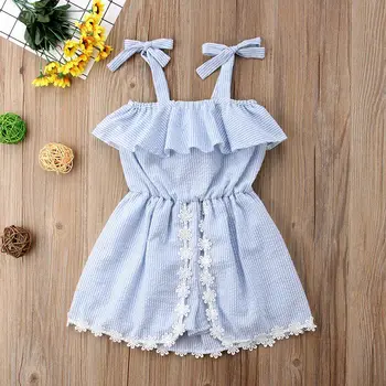 

Baby Kids Clothes Girls Lace Flower Striped Romper Dress Strap Ruffles Blue Summer Rompers Jumpsuit Sundress Outfits