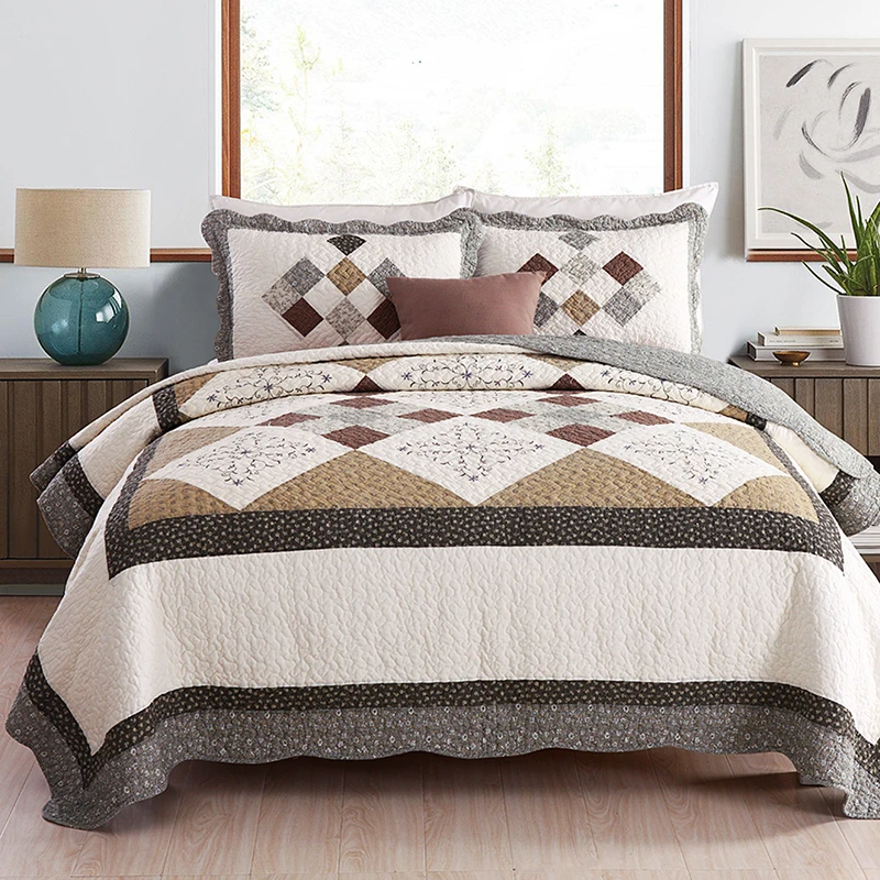 

Cotton Patchwork Bedspreads Quilt Set 3-Pieces Embroidered Quilts Pillowcase Quilted Bed Cover King Queen Size Coverlet Sets