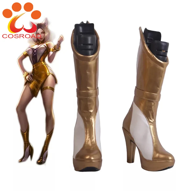 Cosroad LOL KDA Ahri Cosplay Shoes Costume Akali Costume Pink shoes Women High Heel Boots Prestige Edition Golden Boots