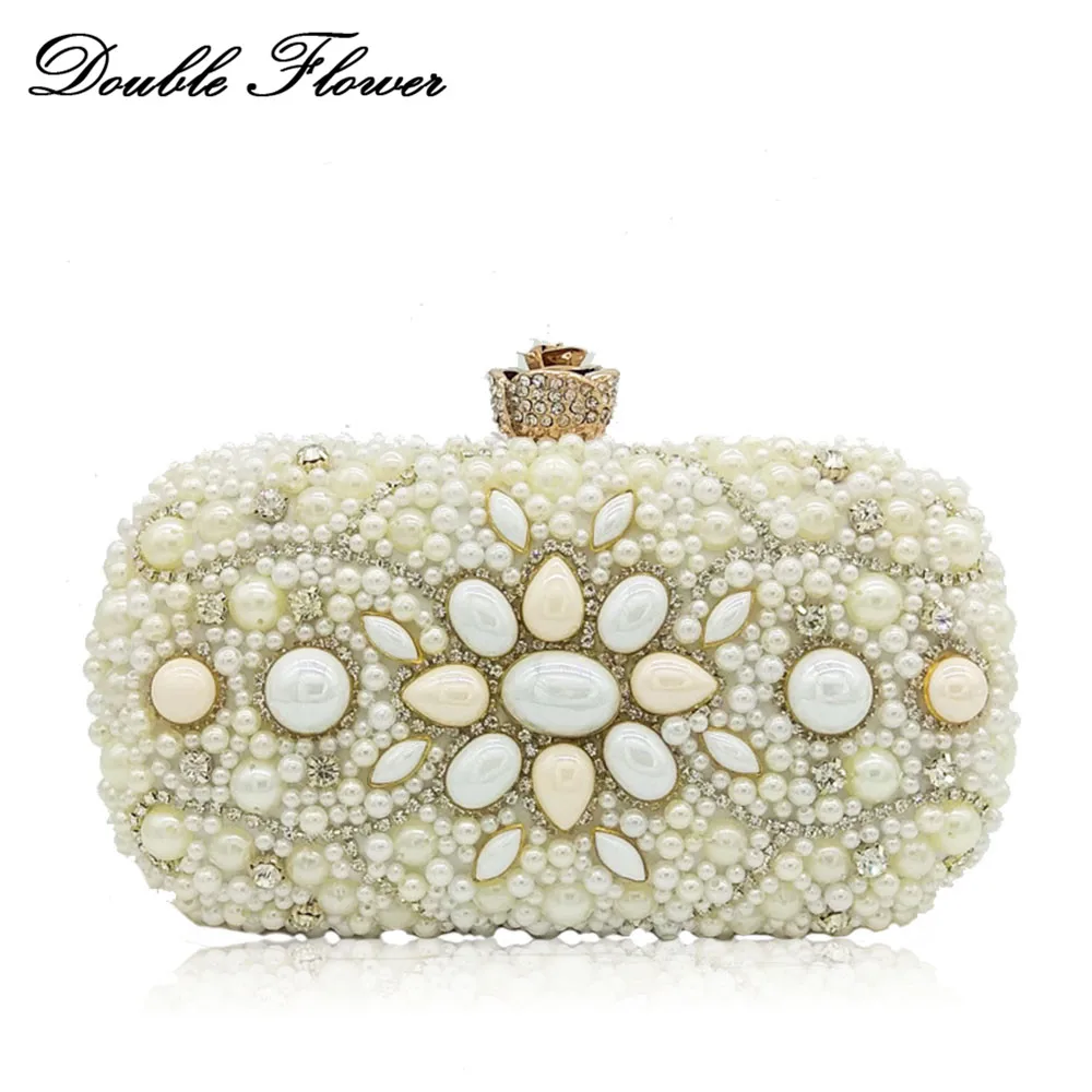 

Double Flower Vintage Patchwork Women Beaded Clutch Evening Handbags and Purses Wedding Bridal Beading Purse Chain Shoulder Bag