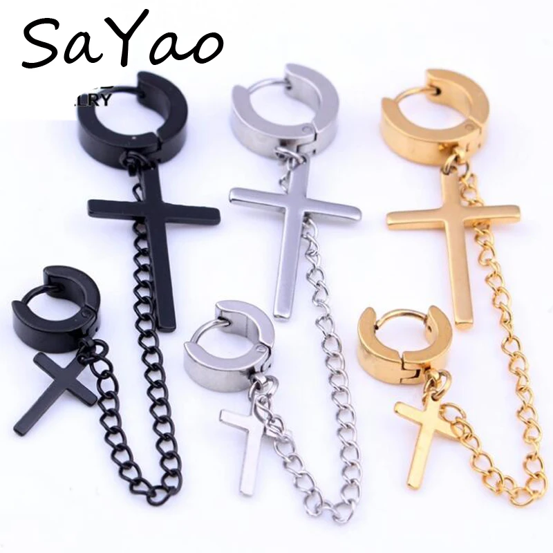 SaYao 1 шт Панк Крест Нержавеющая сталь Стад Серьги длинные Ленточки Для мужчин Для женщин кресты серьги Huggie пирсинг