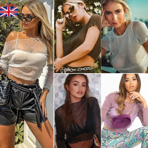 

Women See Through Star Mesh Crop Tops Tee Ladies Short Sleeve Sheer T-Shirts