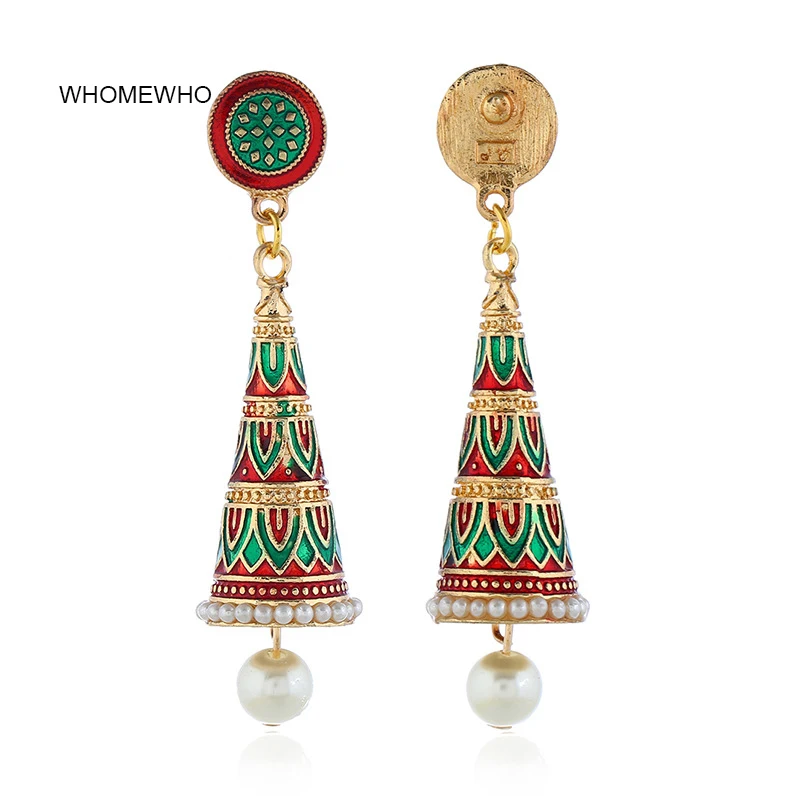 

Merry Christmas Xmas Enamel Cone Pearl Indian Jhumki Earrings Women Vintage Tribal Minimalist Jewelry Wedding Party Accessory