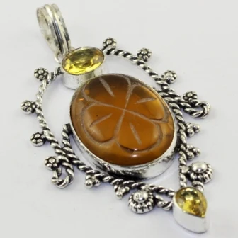 

Carved & Citrines Pendant Silver Overlay over Copper ,77 mm, P1681
