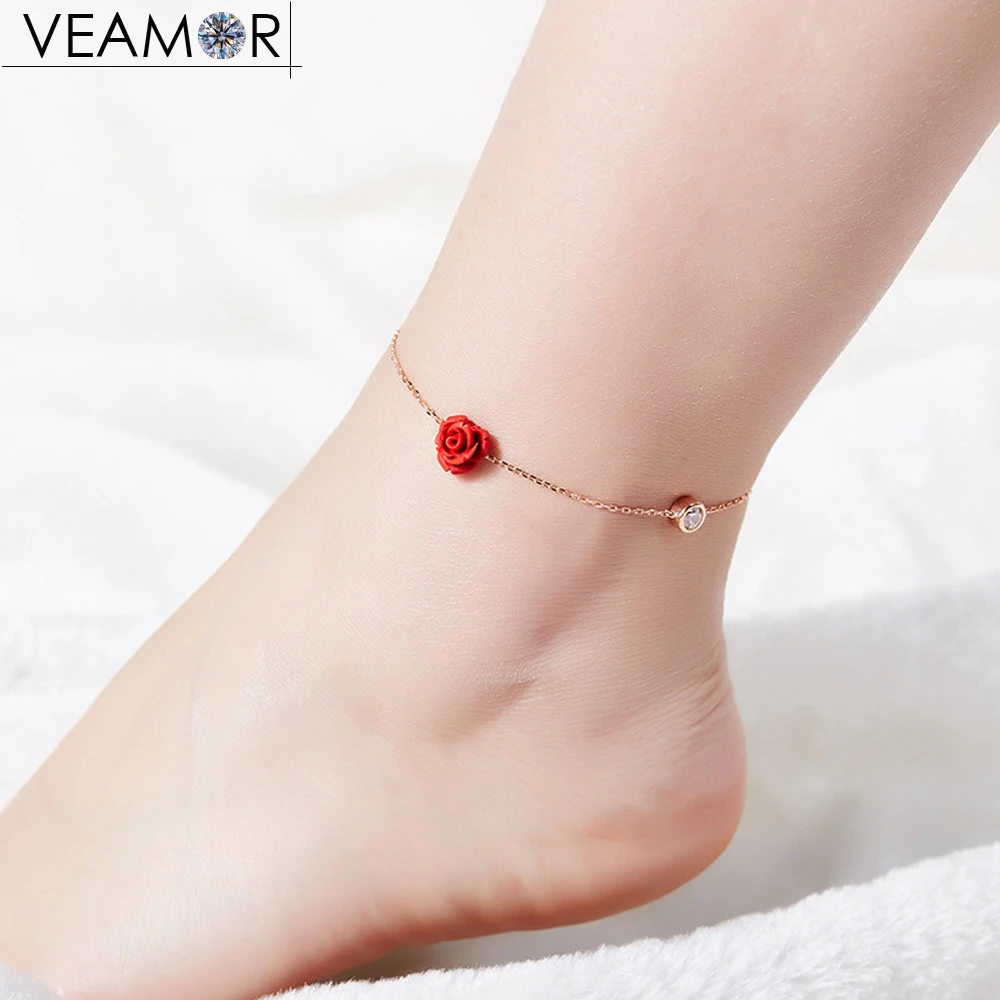 Veamor rose flower ankle bracelet silver rose gold color cubic zirconia 925 sterling silver anklets for women fashion jewelry